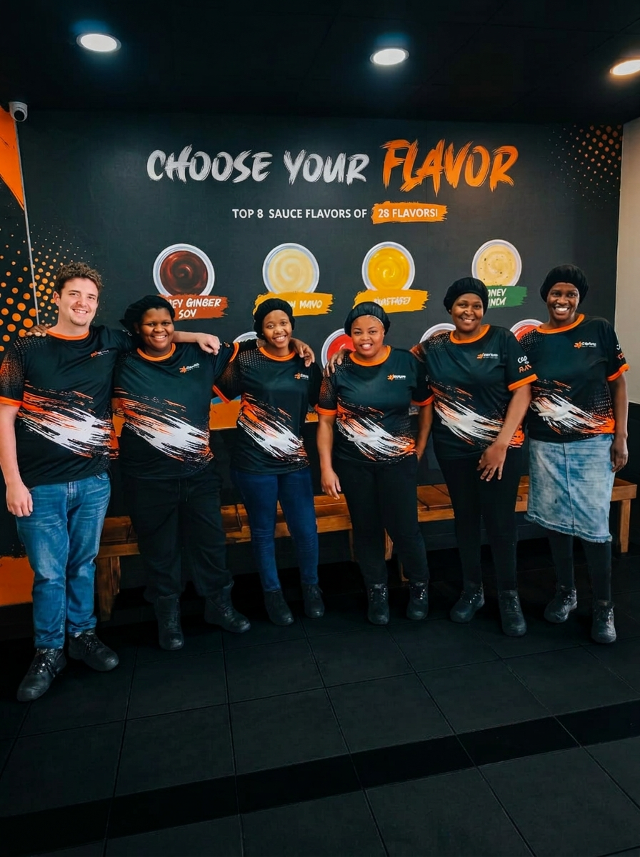 The 28Flavors crew in front of the Choose Your Flavor sauce wall